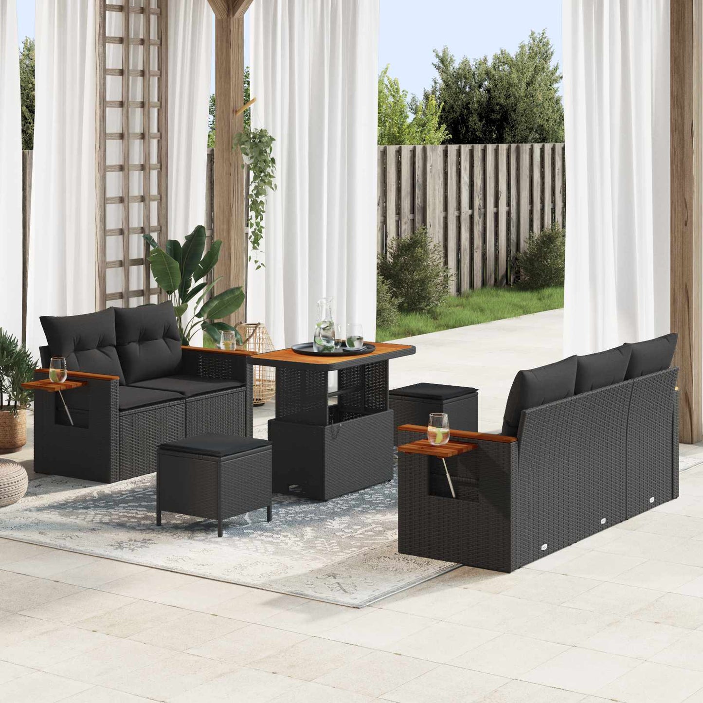 Set Divano da Giardino con cuscino 8 pcs Nero