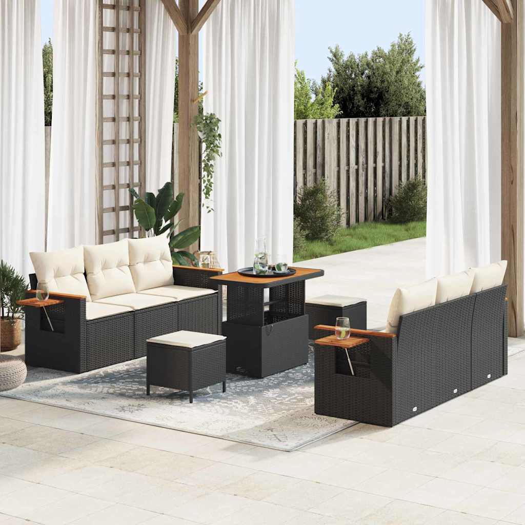 Set Divano da Giardino con cuscino 9 pcs Nero e Crema