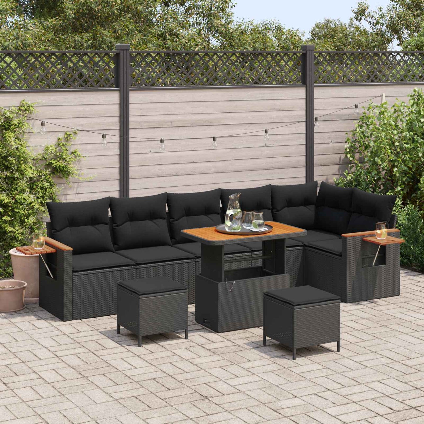 Set Divano da Giardino con cuscino 9 pcs Nero