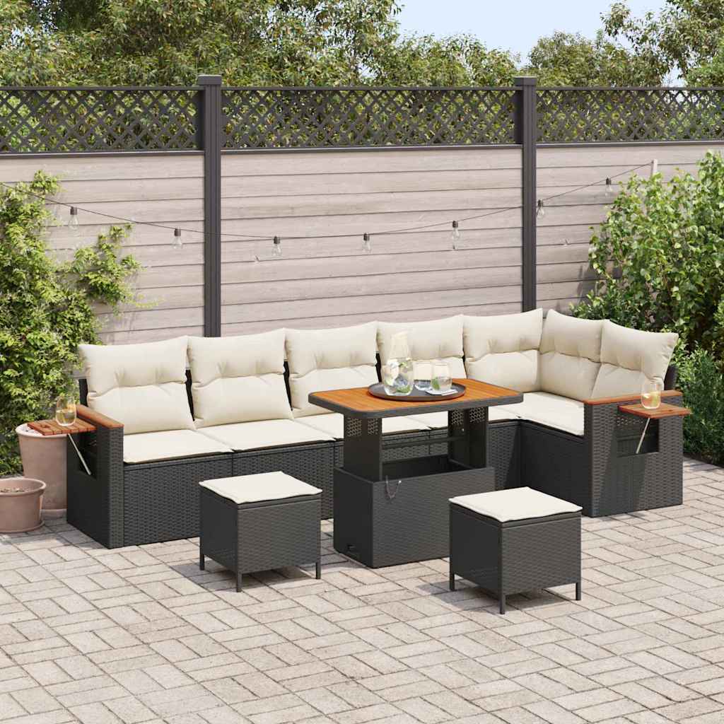 Set Divano da Giardino con cuscino 9 pcs Nero e Crema