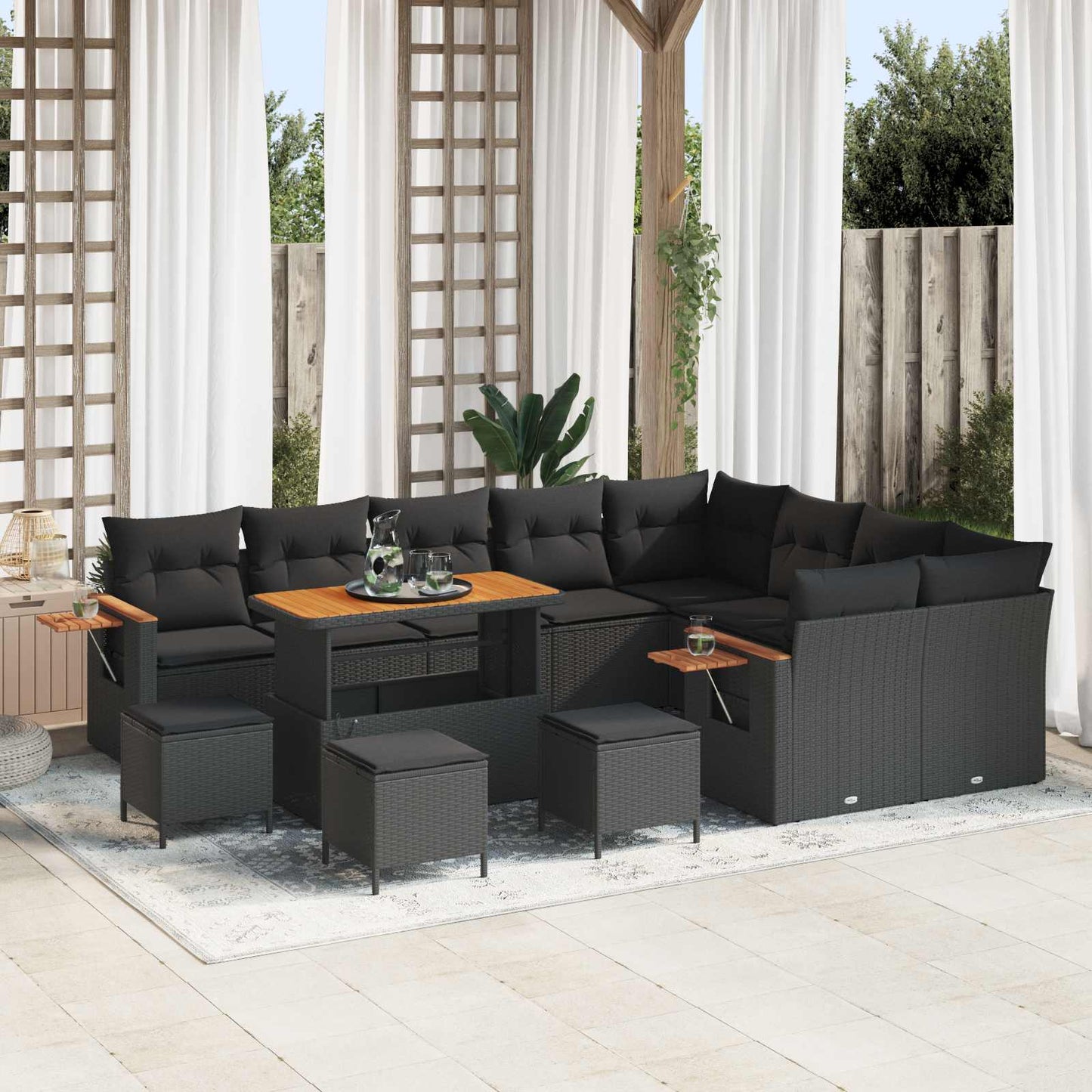 Set Divano da Giardino con cuscino 13 pcs Nero