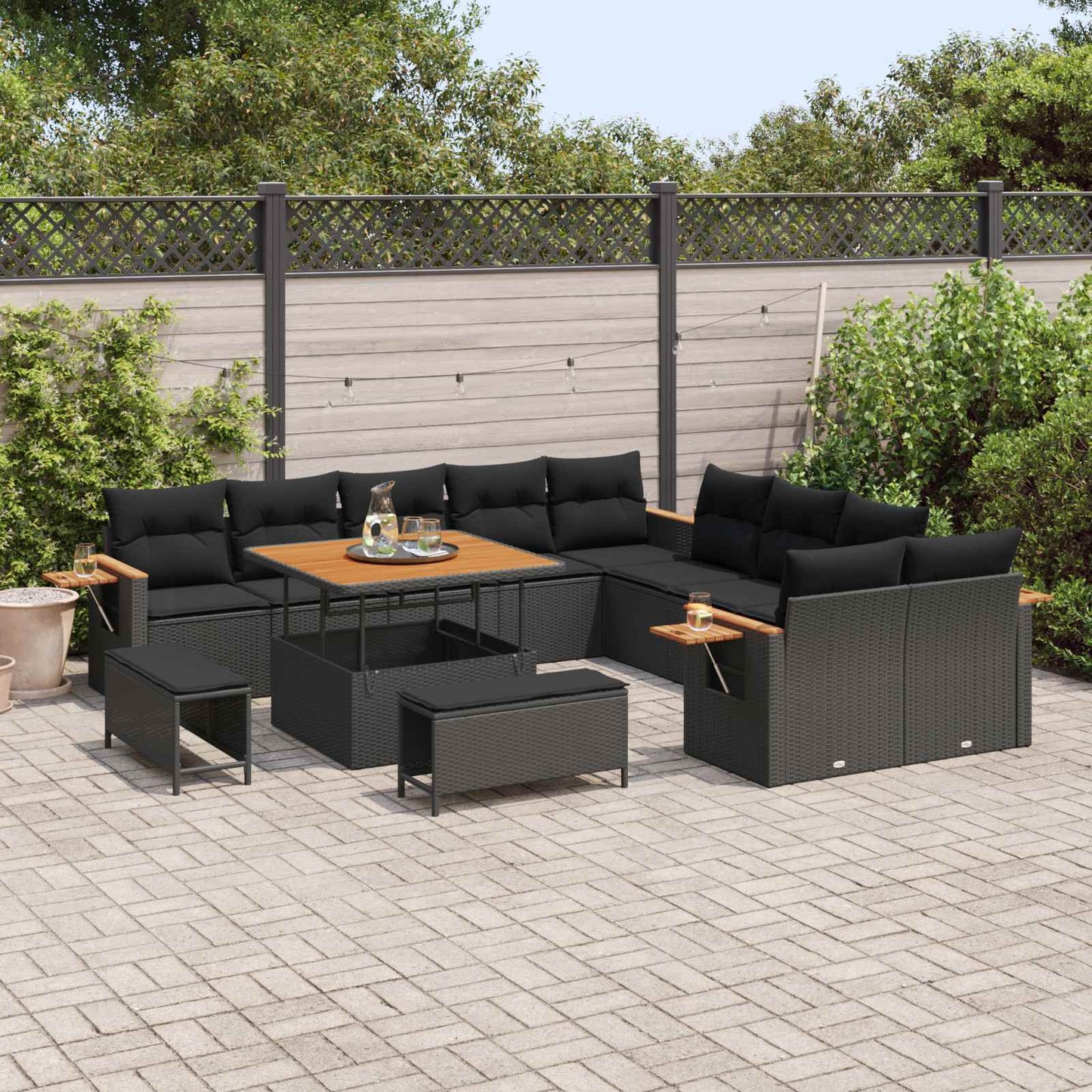 Set Divano da Giardino con cuscino 13 pcs Nero