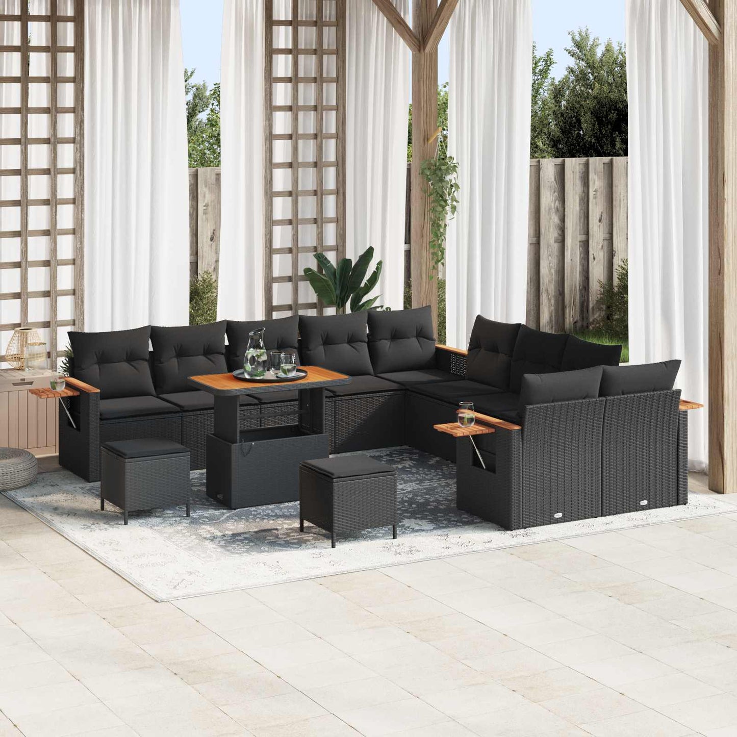 Set Divano da Giardino con cuscino 13 pcs Nero