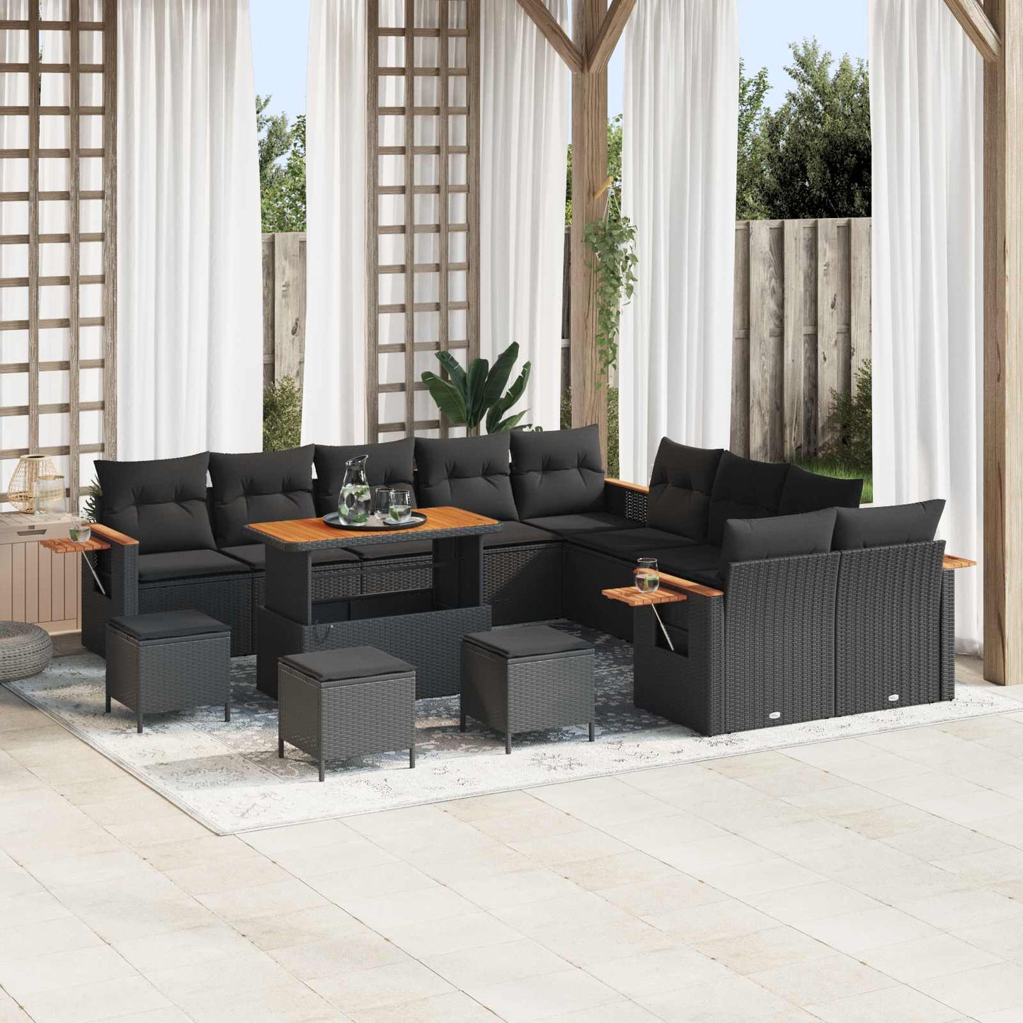 Set Divano da Giardino con cuscino 14 pcs Nero