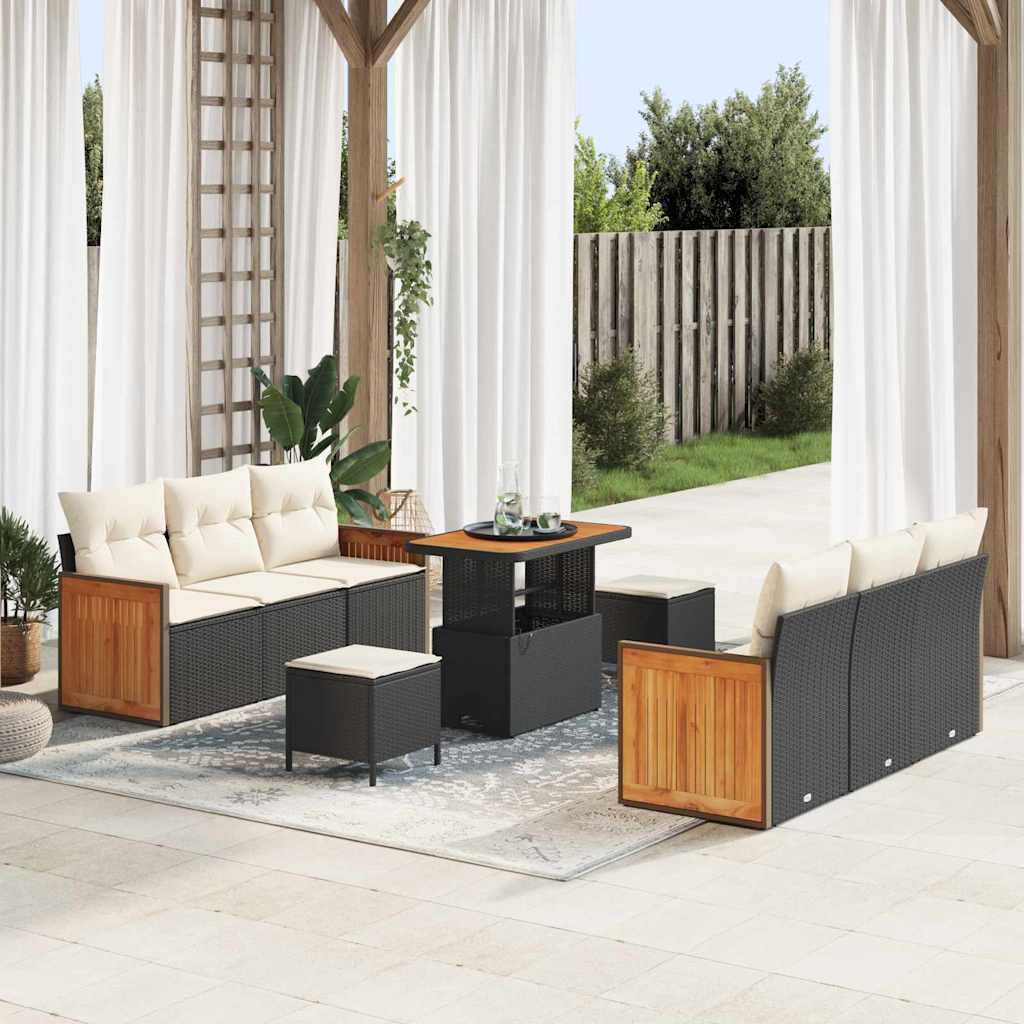 Set Divano da Giardino con cuscino 9 pcs Nero e Crema