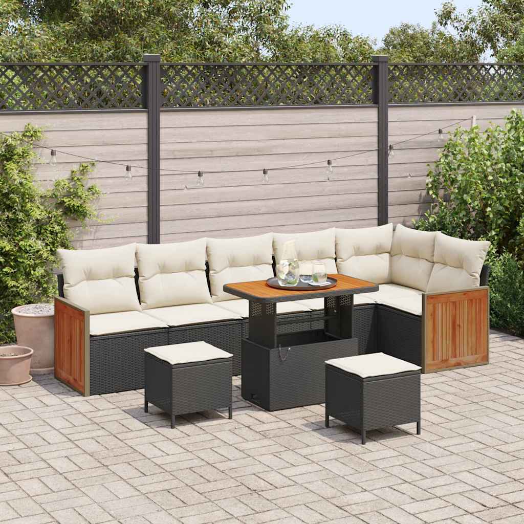 Set Divano da Giardino con cuscino 9 pcs Nero e Crema