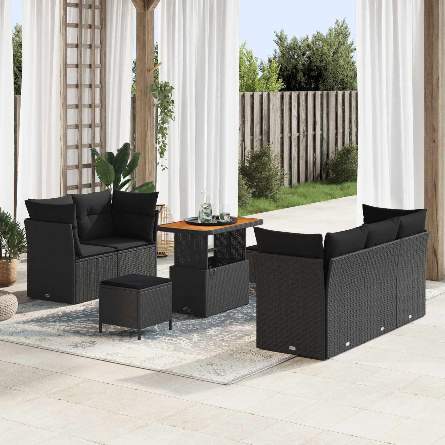 Set Divano da Giardino con cuscino con archiviazione 8 pcs Nero