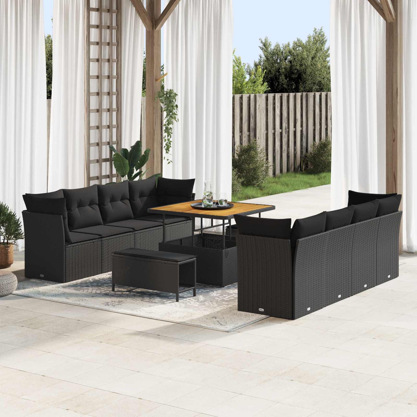 Set Divano da Giardino con cuscino 11 pcs Nero polyrattan
