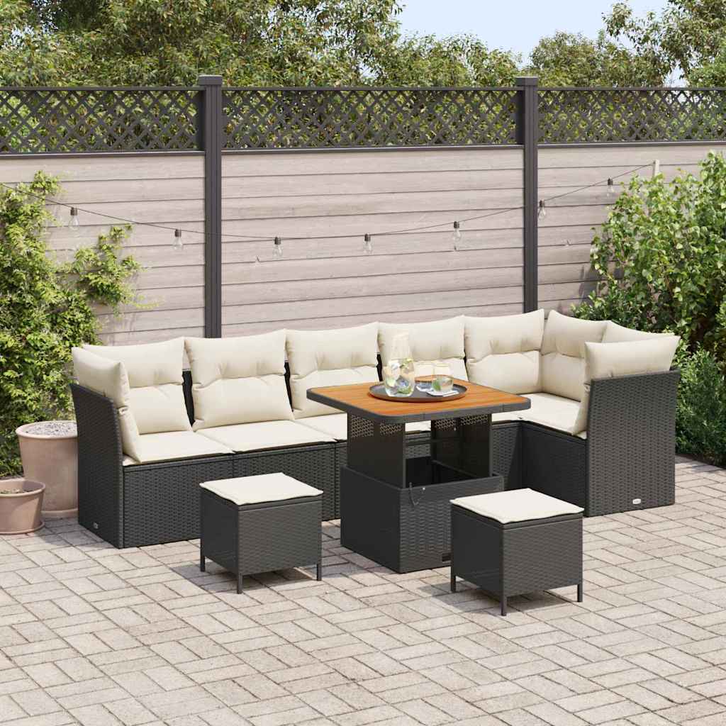 Set Divano da Giardino con cuscino 9 pcs Nero e Crema