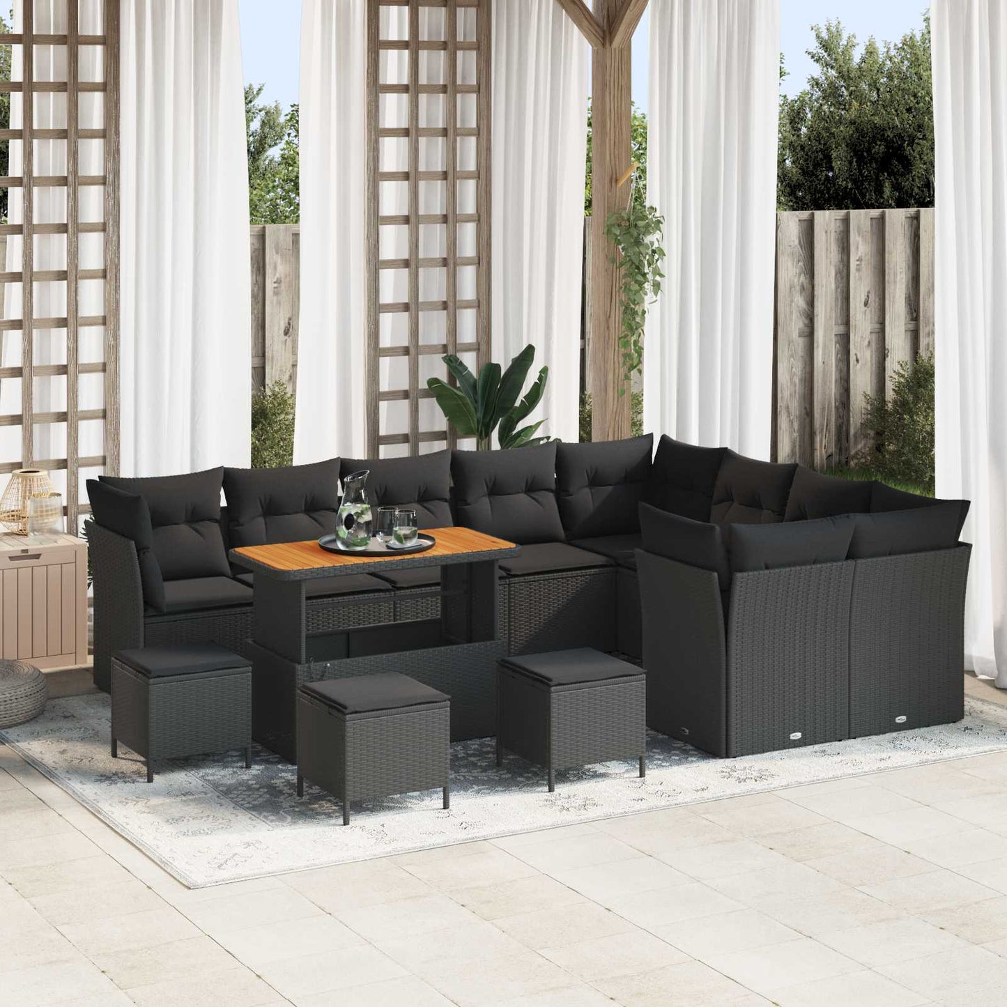 Set Divano da Giardino con cuscino 13 pcs Nero