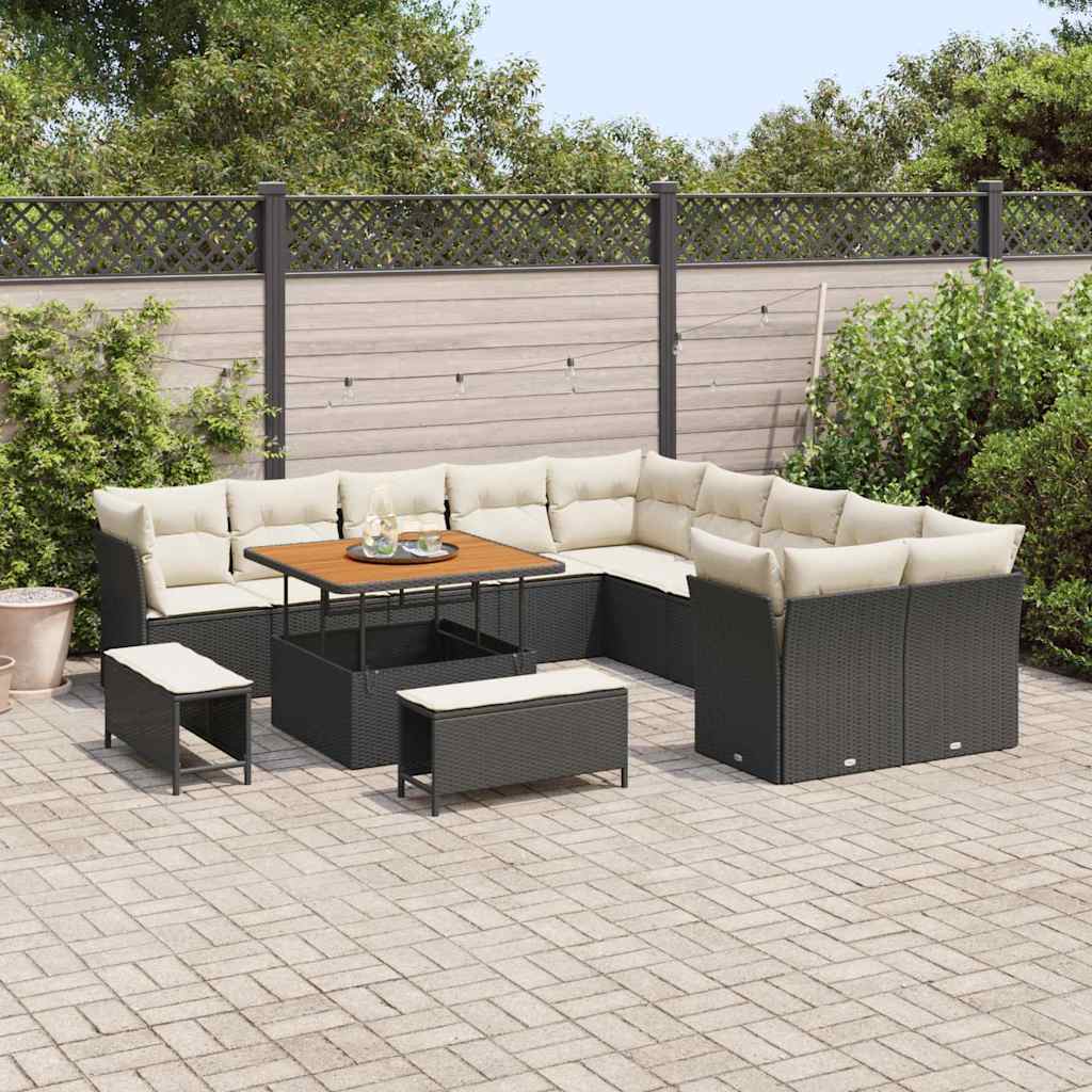Set Divano da Giardino 13 pcs Nero e Crema polyrattan