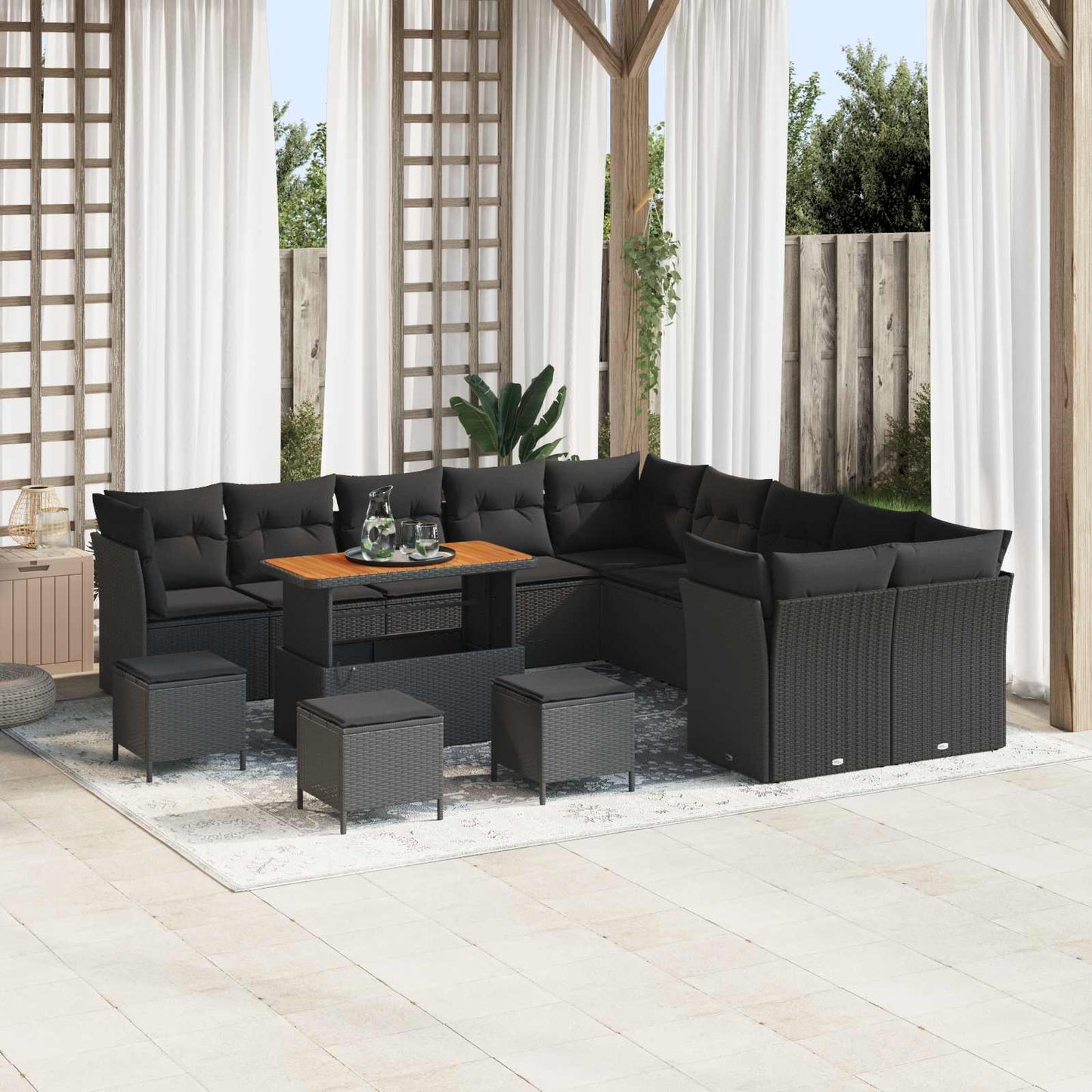 Set Divano da Giardino con cuscino 14 pcs Nero polyrattan