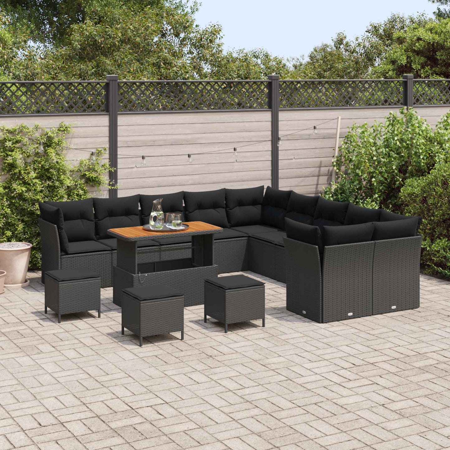 Set Divano da Giardino con cuscino 14 pcs Nero polyrattan