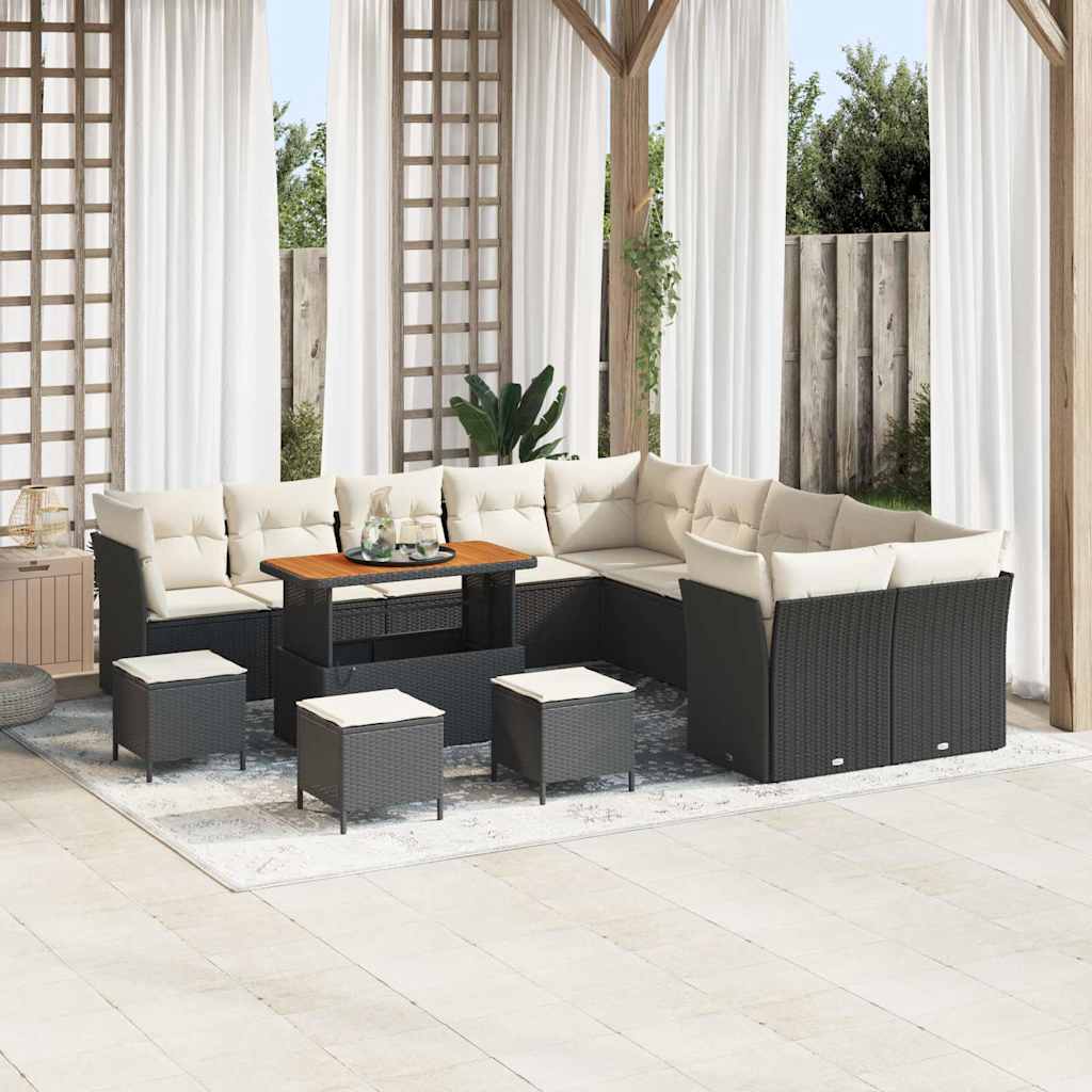Set Divano da Giardino 14 pcs Nero e Crema polyrattan