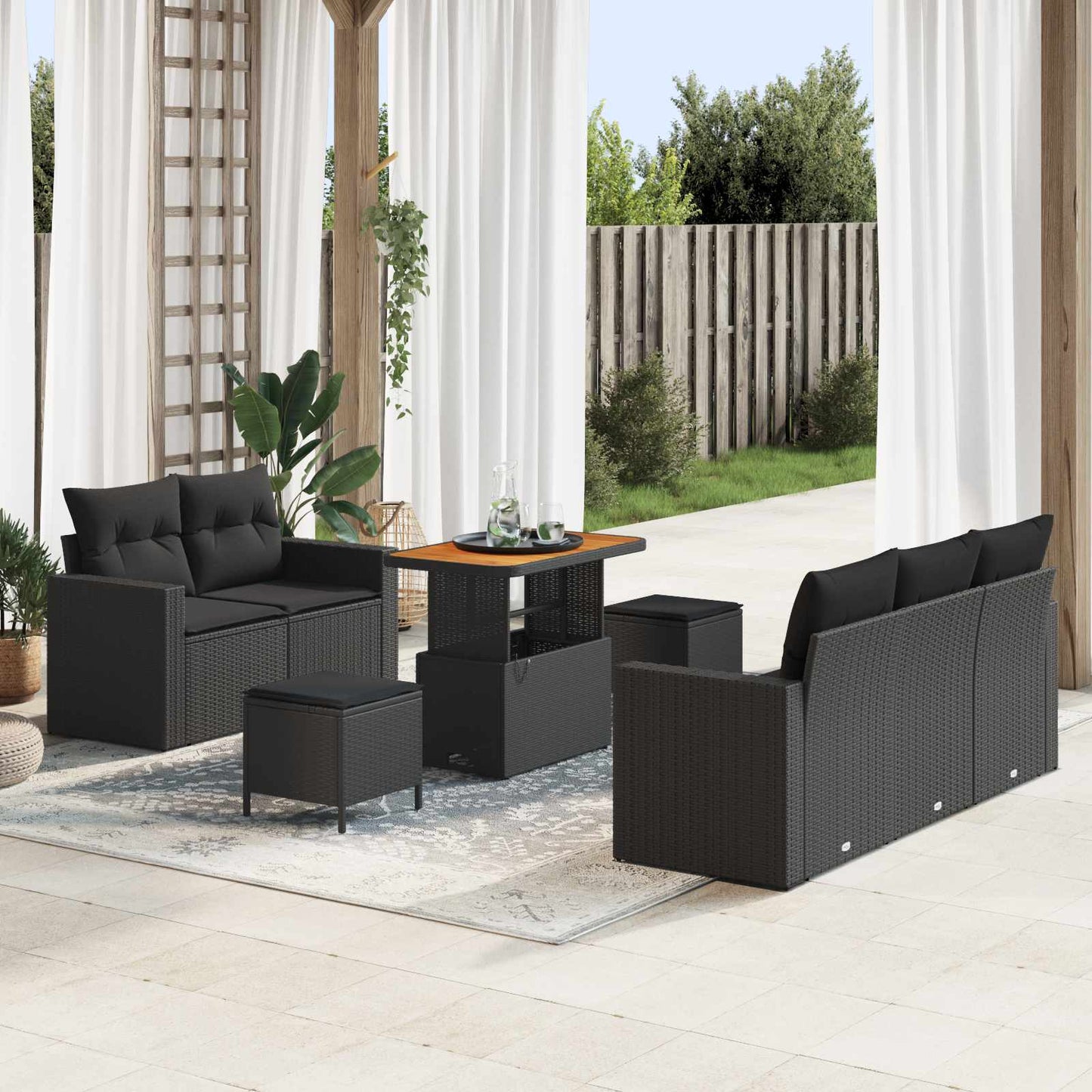Set Divano da Giardino con cuscino 8 pcs Nero polyrattan