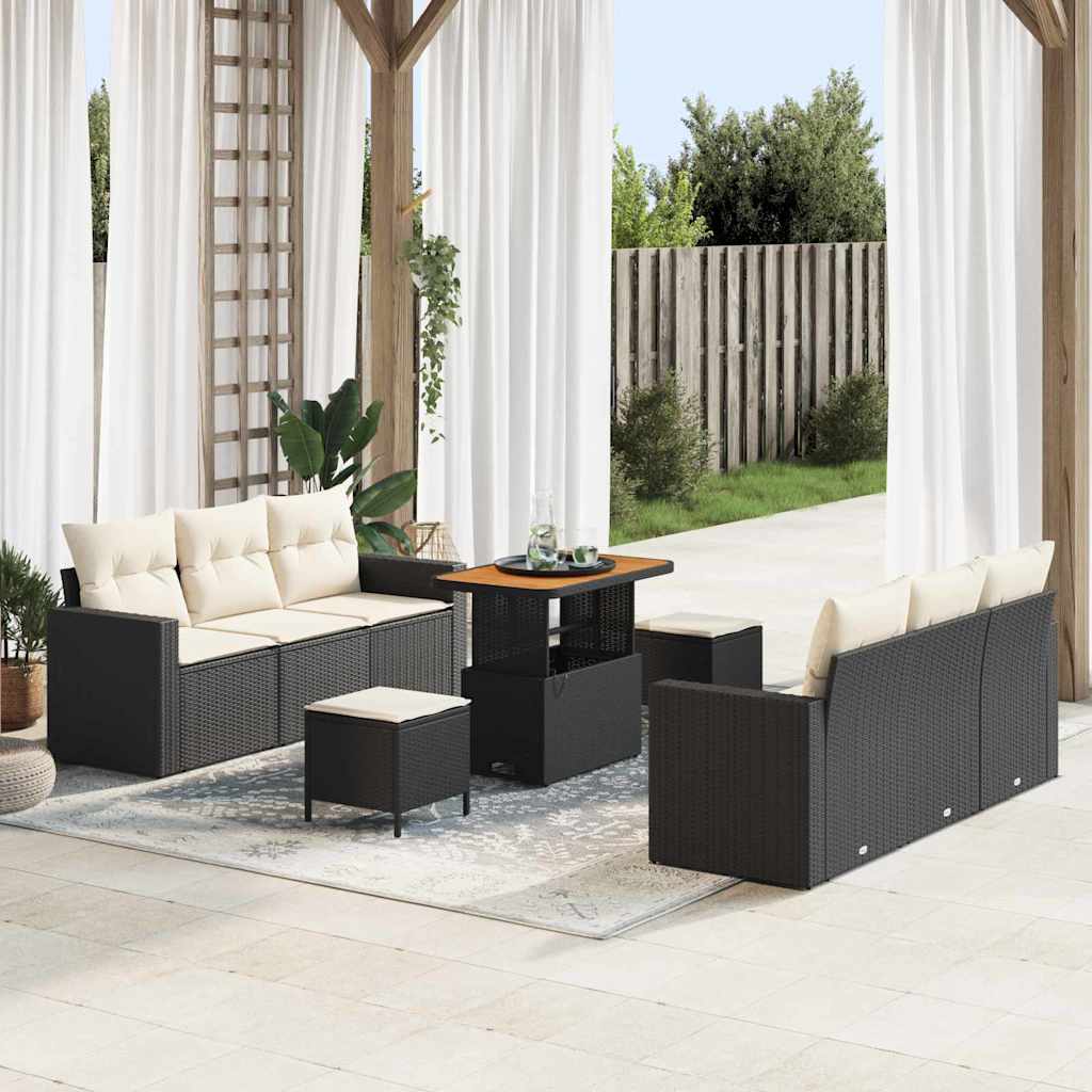 Set Divano da Giardino con cuscino 9 pcs Nero e Crema