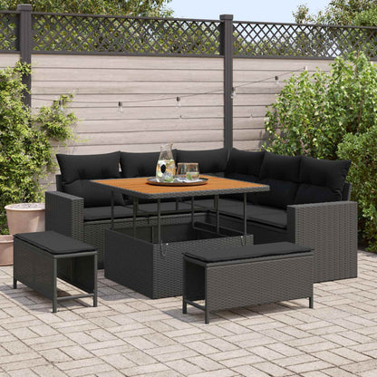 Set Divano da Giardino con cuscino 9 pcs Nero polyrattan