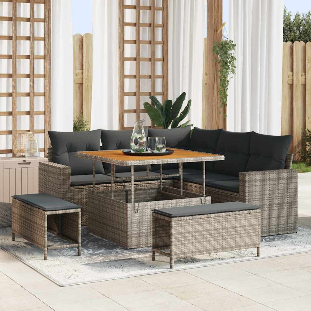 Set Divano da Giardino con cuscino 9 pcs Grigio polyrattan