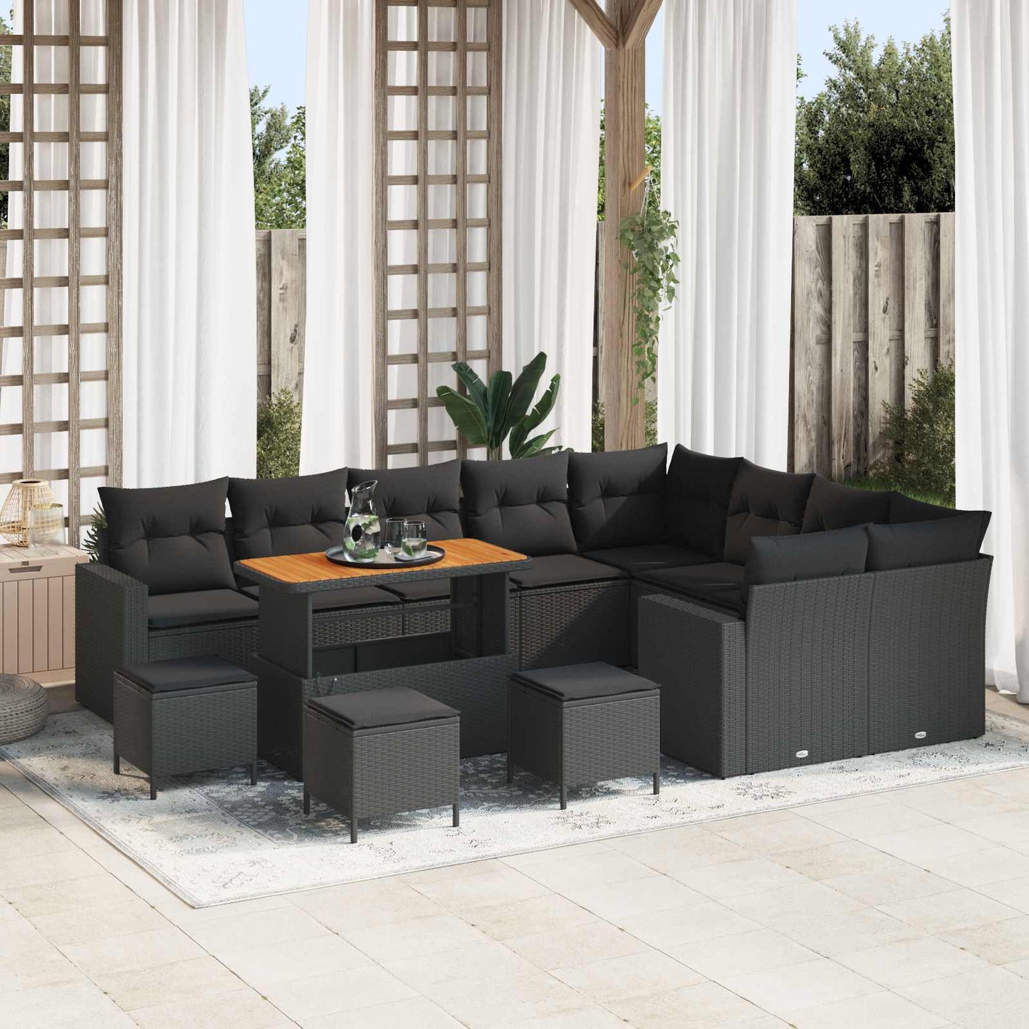 Set Divano da Giardino con cuscino 14 pcs Nero polyrattan