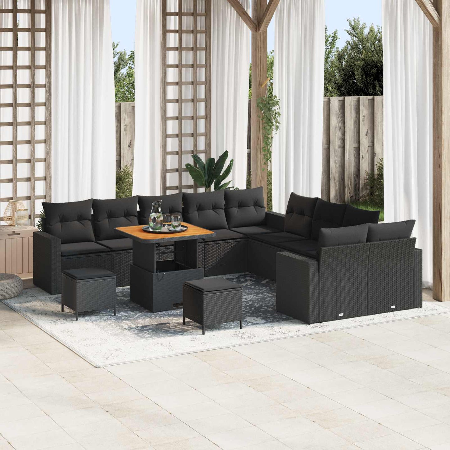 Set Divano da Giardino con cuscino 17 pcs Nero polyrattan