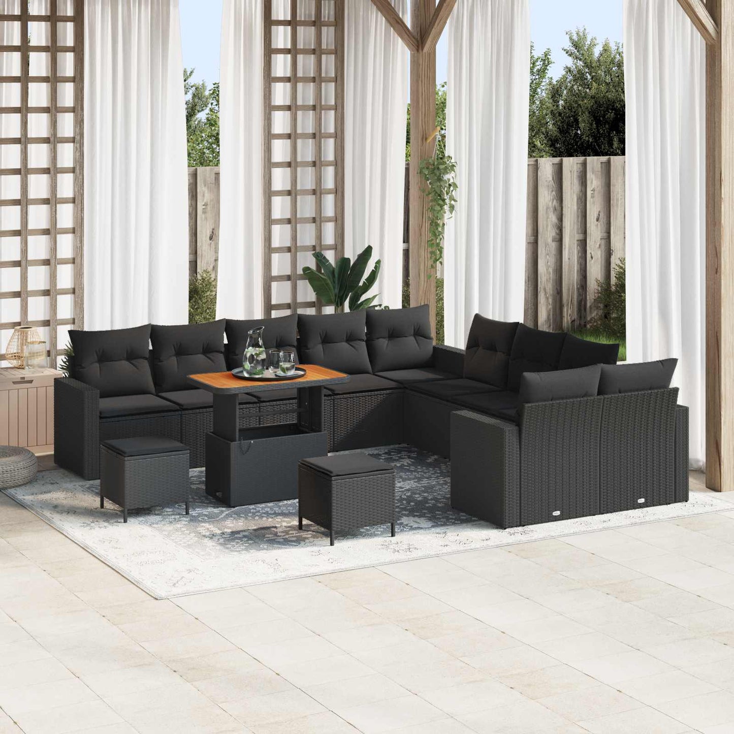 Set Divano da Giardino con cuscino 17 pcs Nero polyrattan