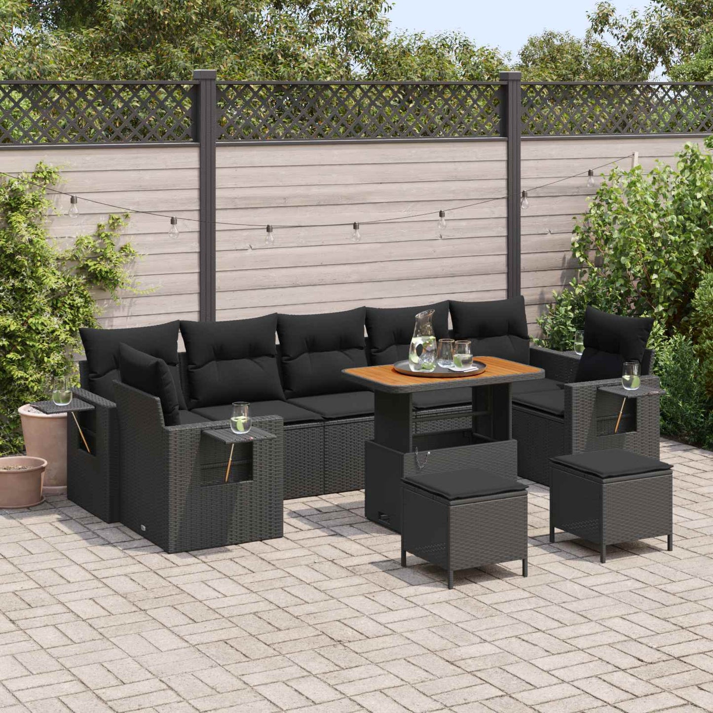 Set Divano da Giardino con cuscino Nero polyrattan