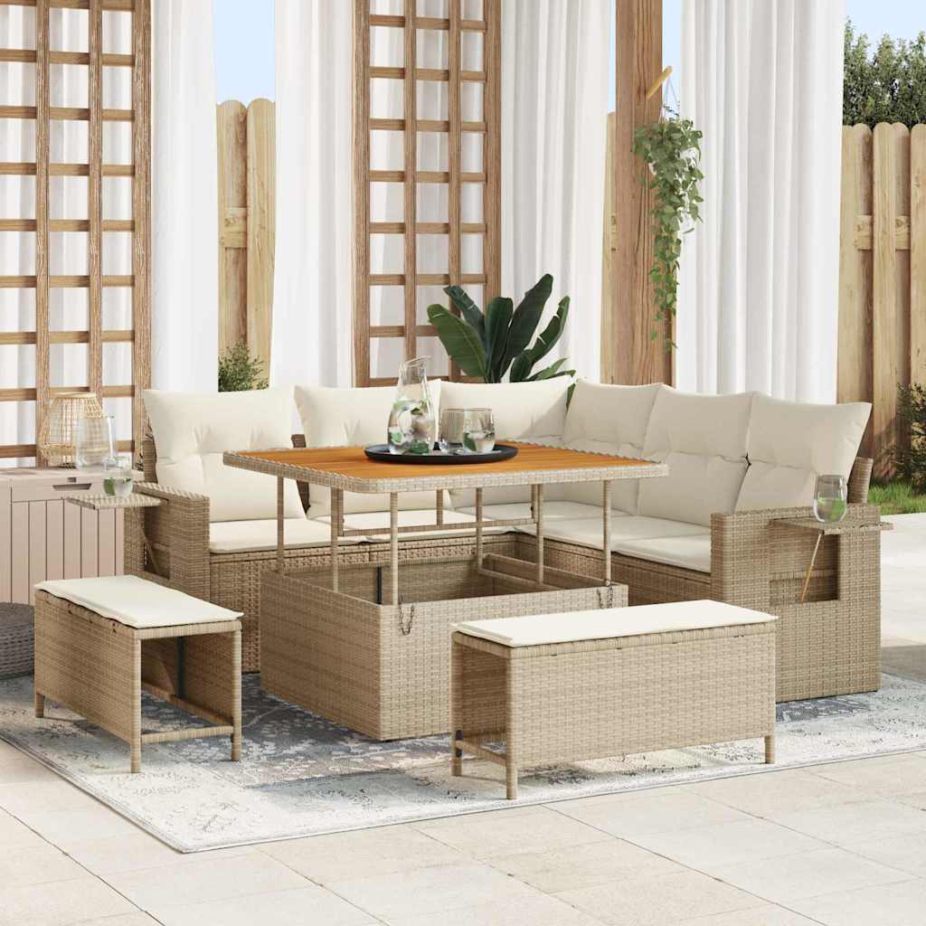 Set Divano da Giardino 9 pcs Beige e Crema polyrattan