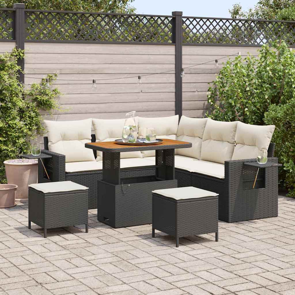 Set Divano da Giardino 9 pcs Nero e Crema polyrattan