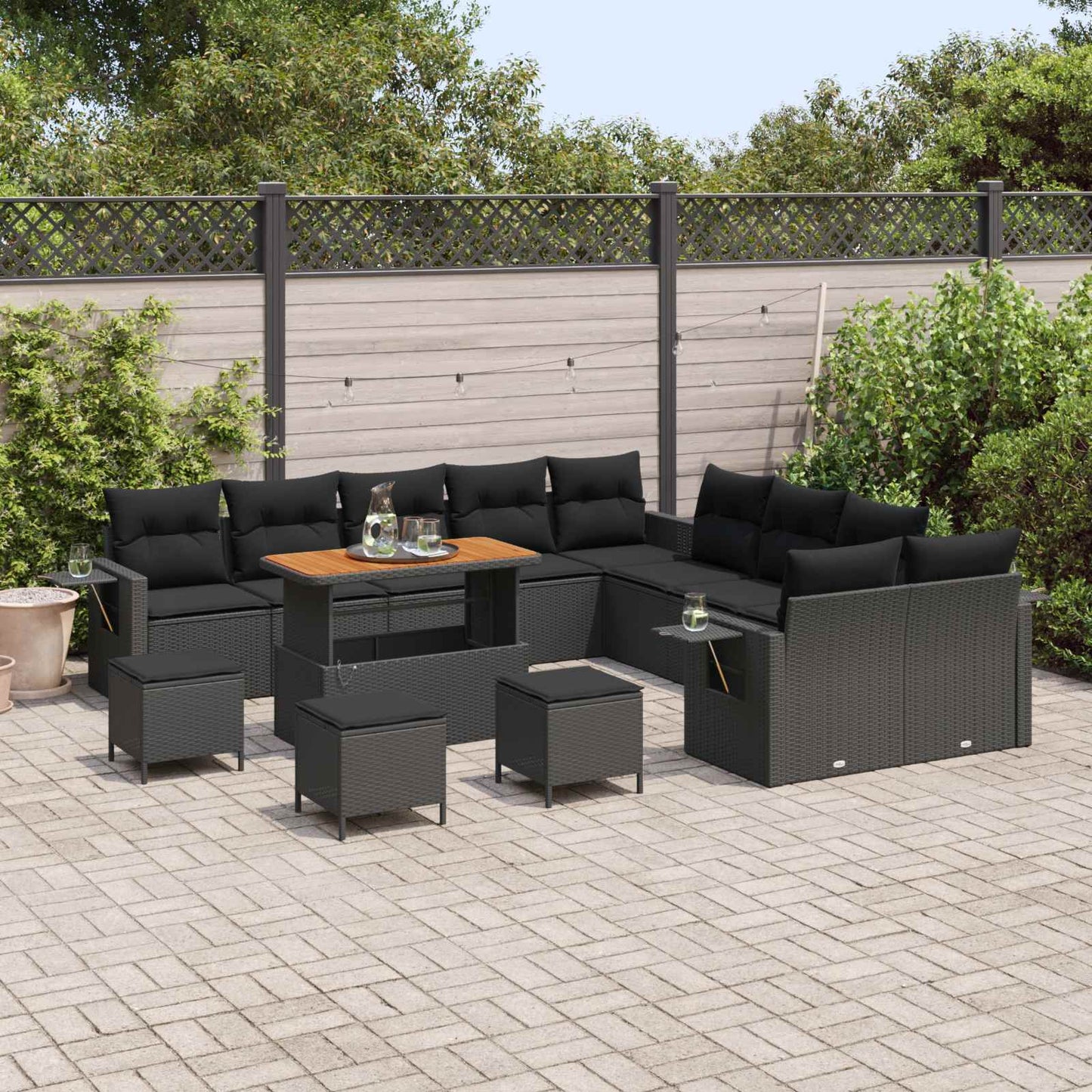 Set Divano da Giardino con cuscino 14 pcs Nero polyrattan