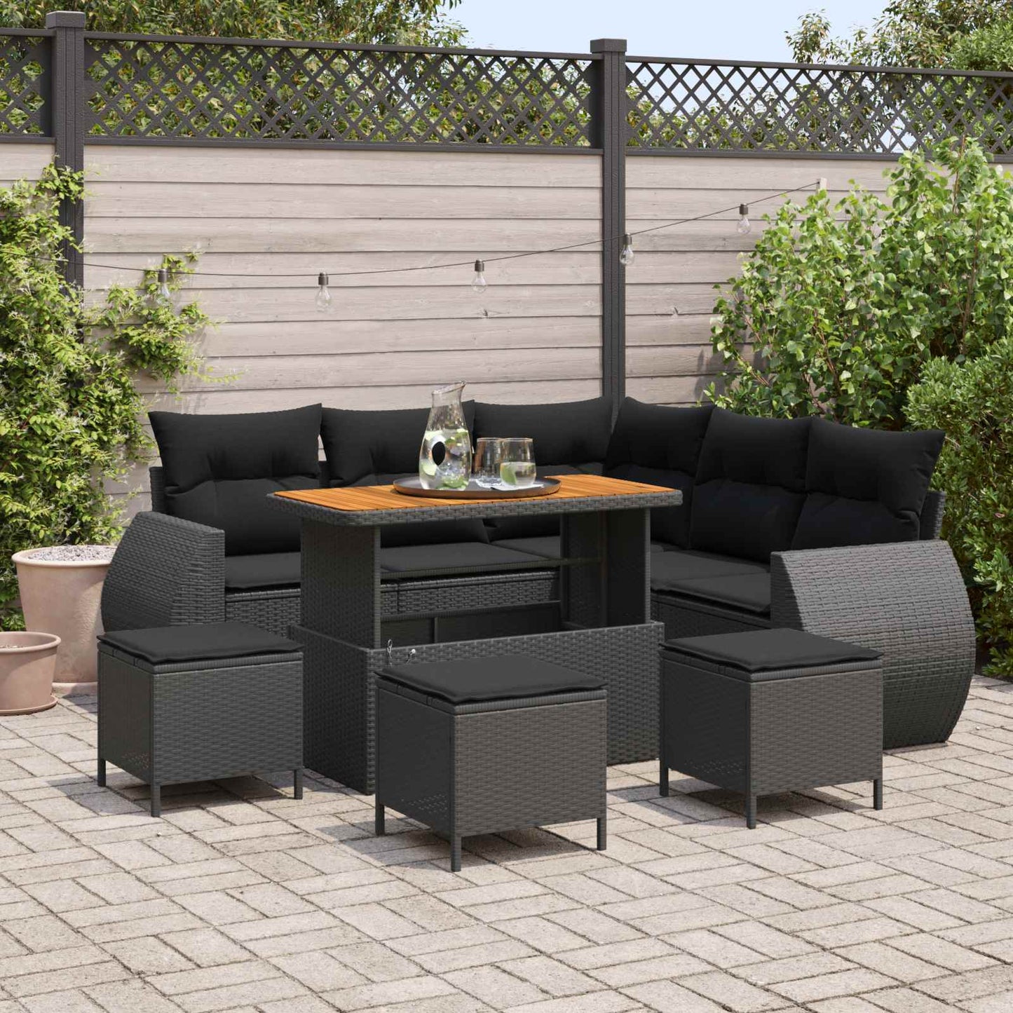 Set Divano da Giardino con cuscino 9 pcs Nero polyrattan