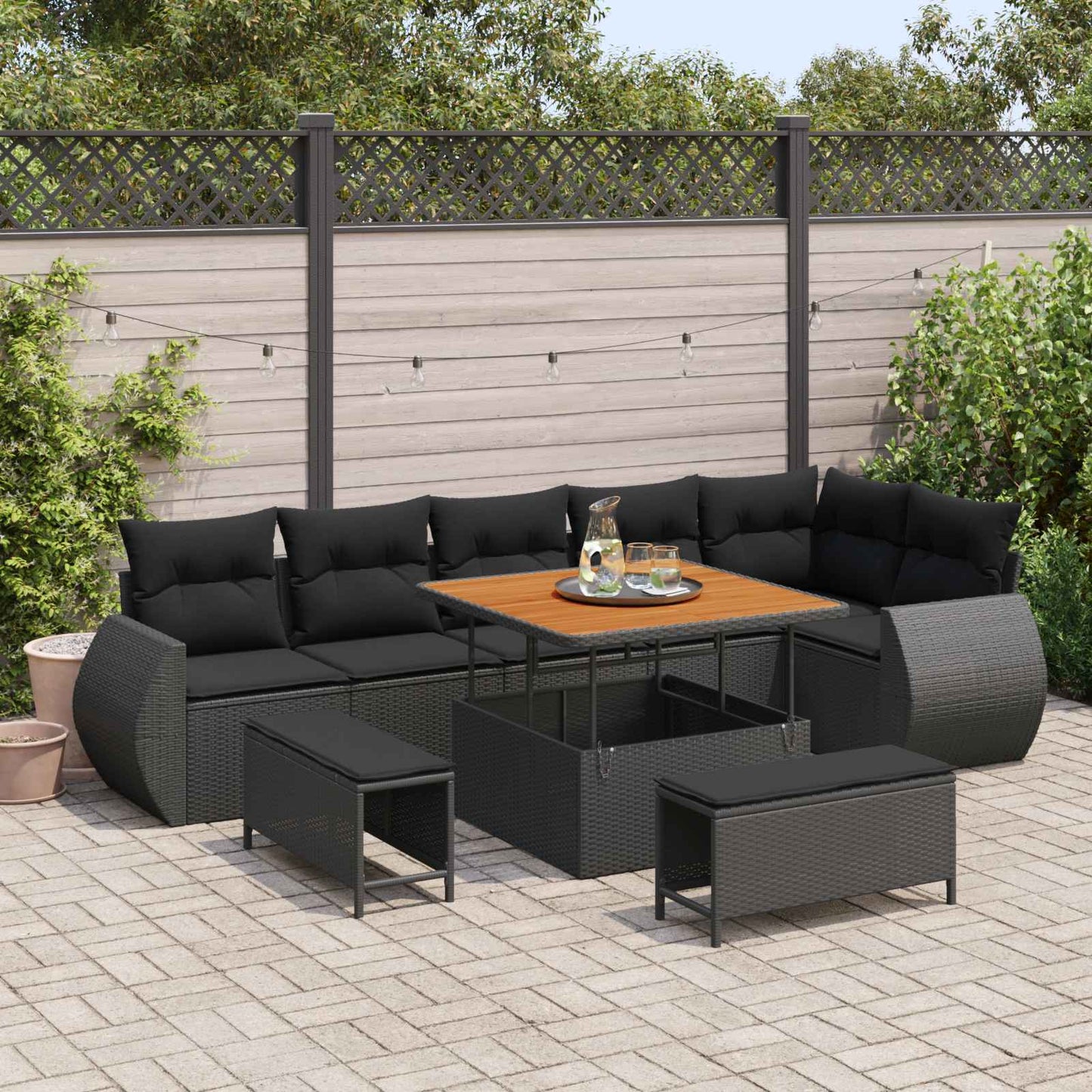 Set Divano da Giardino 9 pcs Nero Rattan in Polipropilene