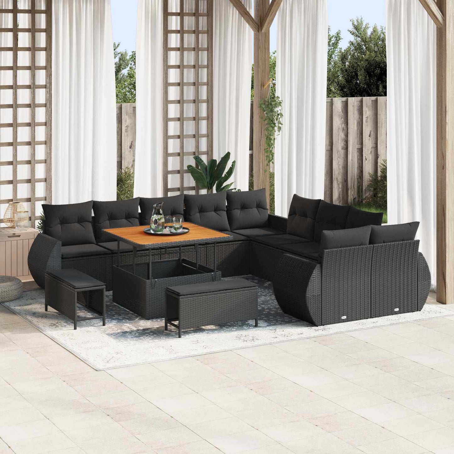 Set Divano da Giardino con cuscino 13 pcs Nero