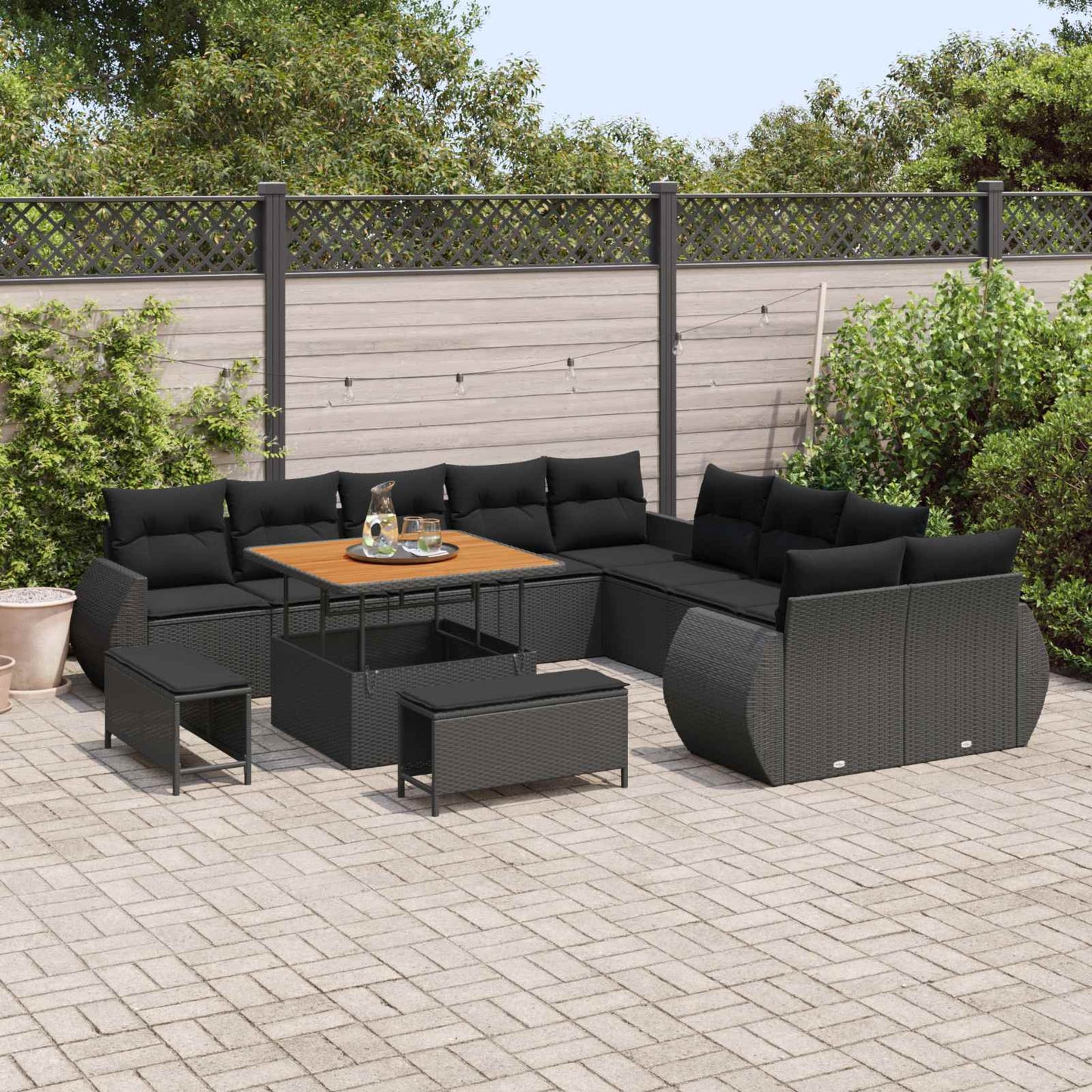 Set Divano da Giardino con cuscino 13 pcs Nero