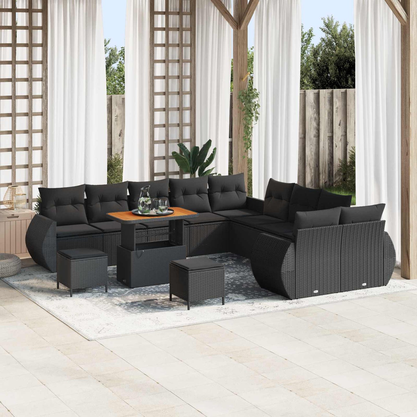 Set Divano da Giardino con cuscino 13 pcs Nero