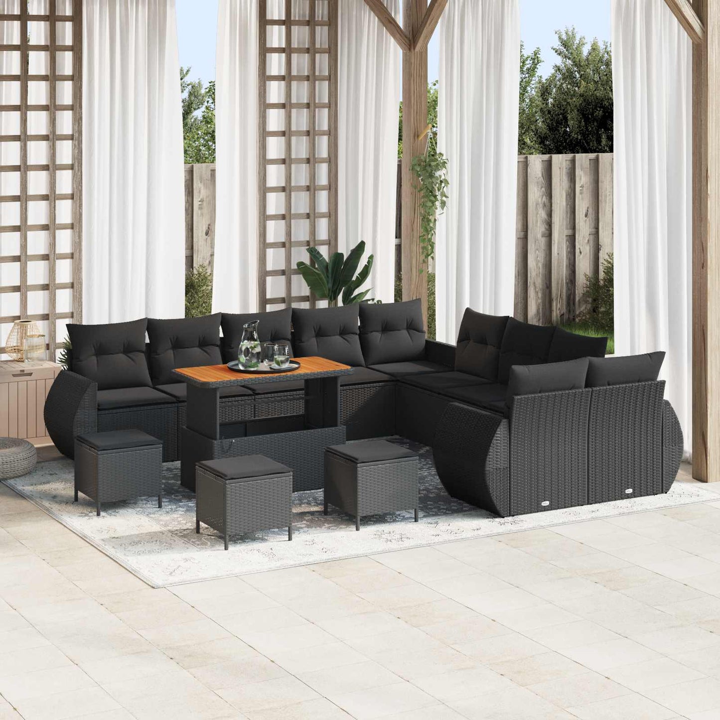 Set Divano da Giardino con cuscino 14 pcs Nero