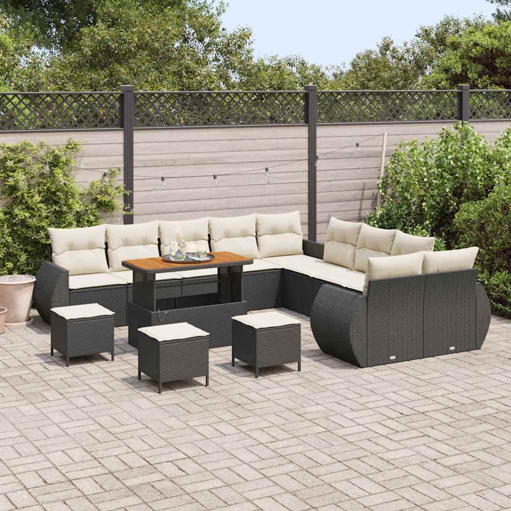 Set Divano da Giardino con cuscino 14 pcs Nero e Crema