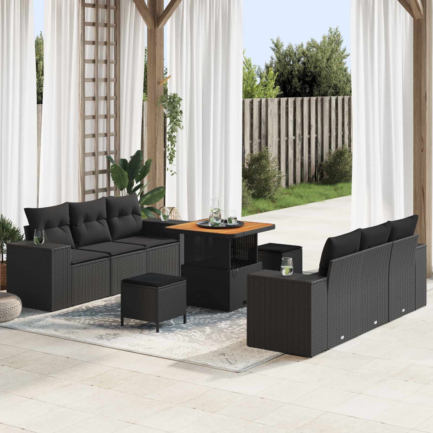 Set Divano da Giardino 9 pcs Nero Rattan in Polipropilene
