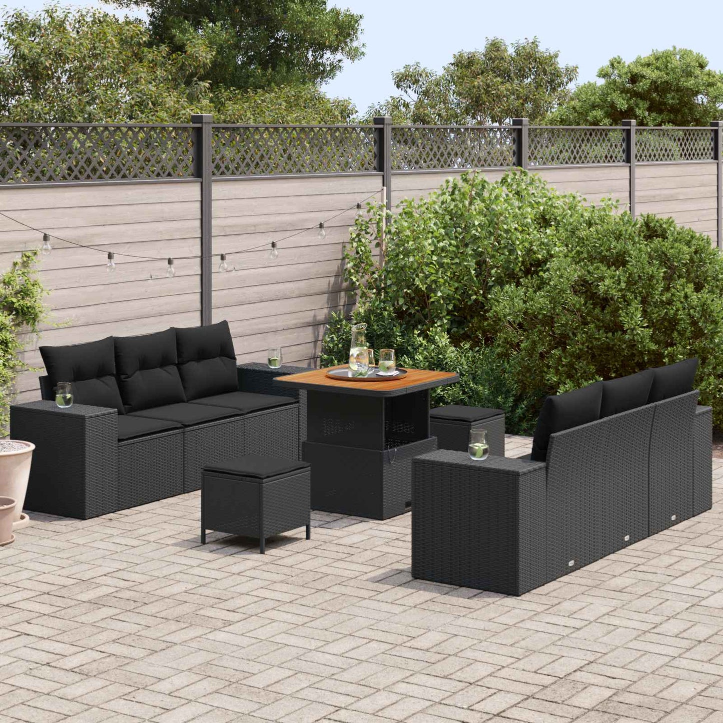Set Divano da Giardino 9 pcs Nero Rattan in Polipropilene
