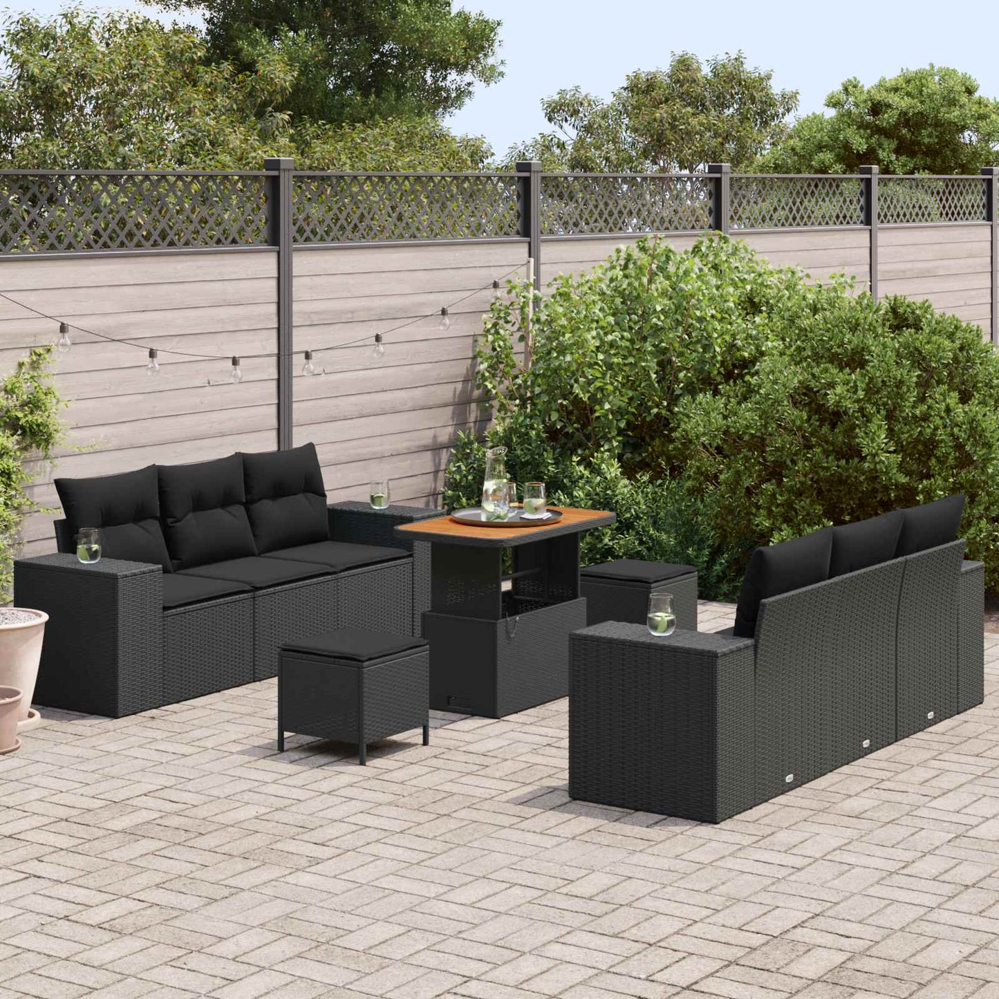 Set Divano da Giardino 9 pcs Nero Rattan in Polipropilene