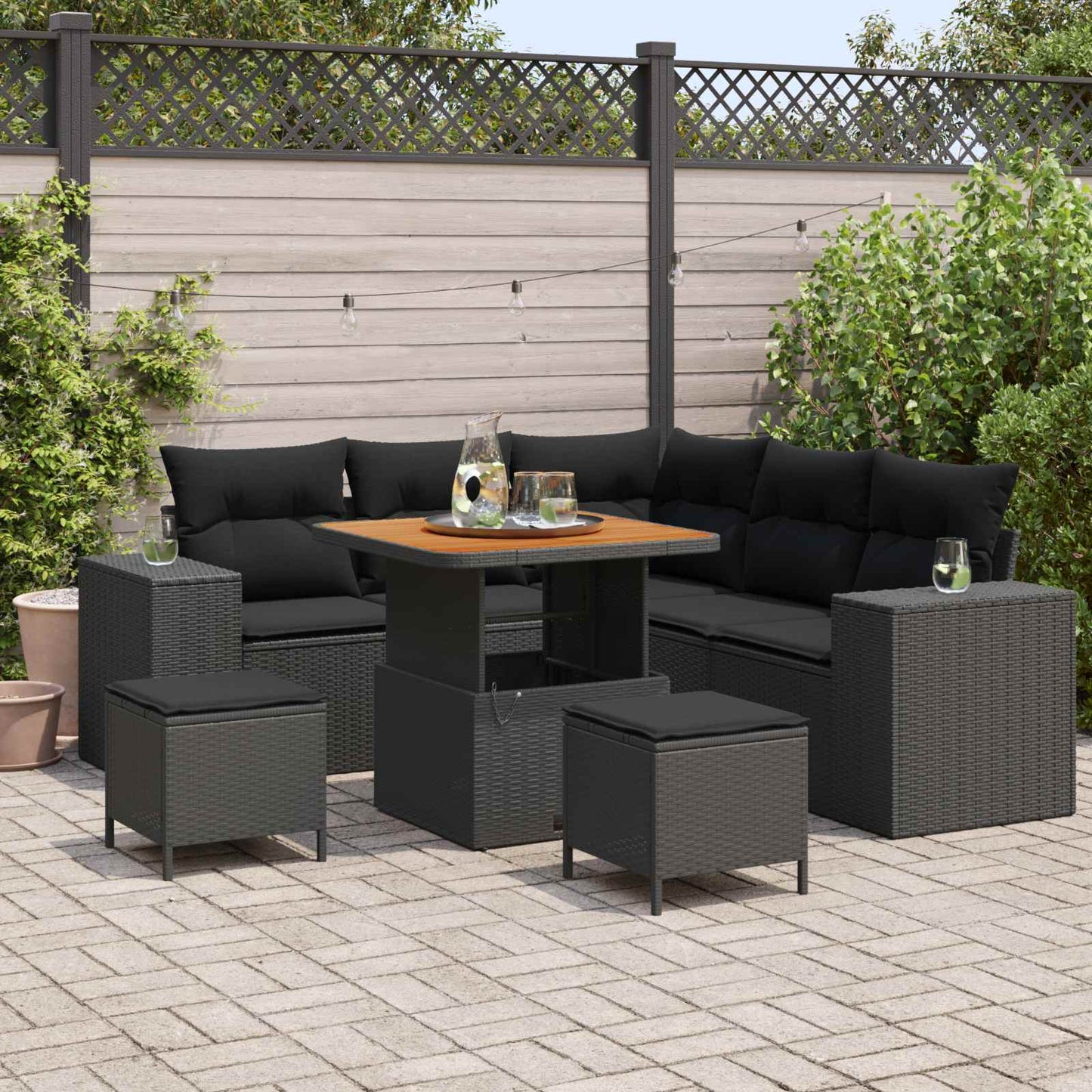 Set Divano da Giardino con cuscino con archiviazione 8 pcs Nero
