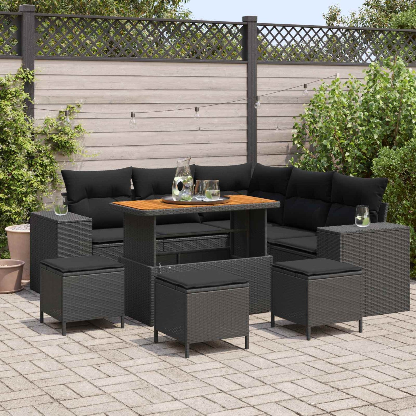 Set Divano da Giardino con cuscino con archiviazione 9 pcs Nero