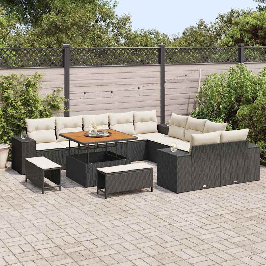 Set Divano da Giardino 13 pcs Nero e Crema polyrattan