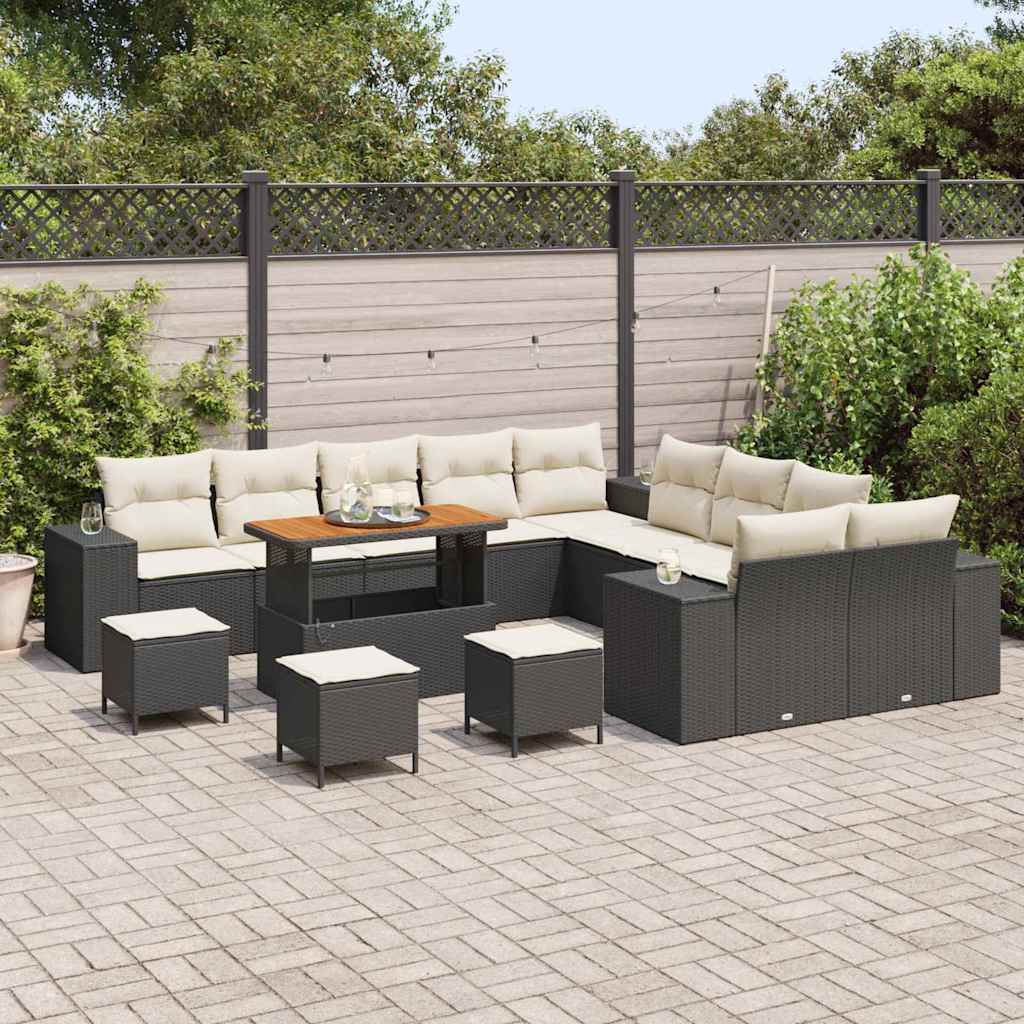 Set Divano da Giardino 14 pcs Nero e Crema polyrattan