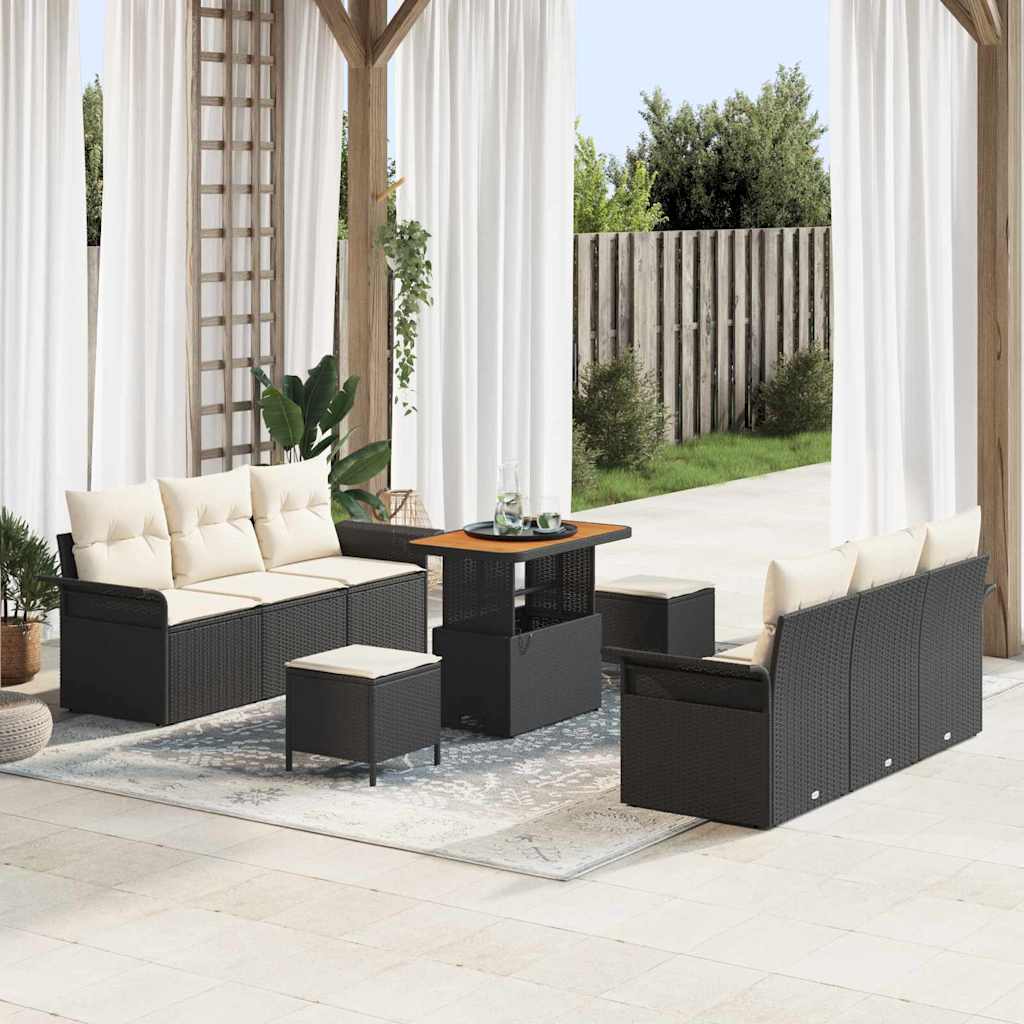 Set Divano da Giardino con cuscino 9 pcs Nero e Crema