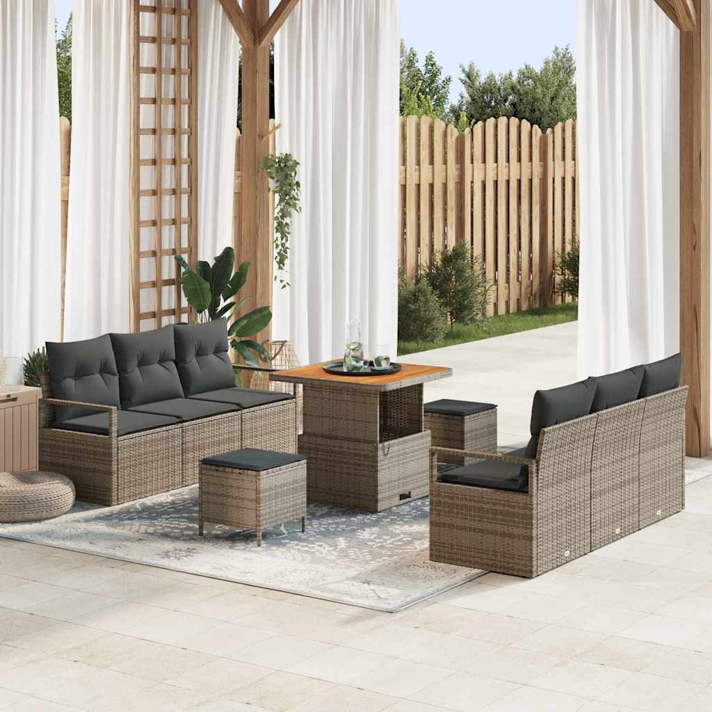 Set Divano da Giardino 9 pcs Grigio Poly Rattan