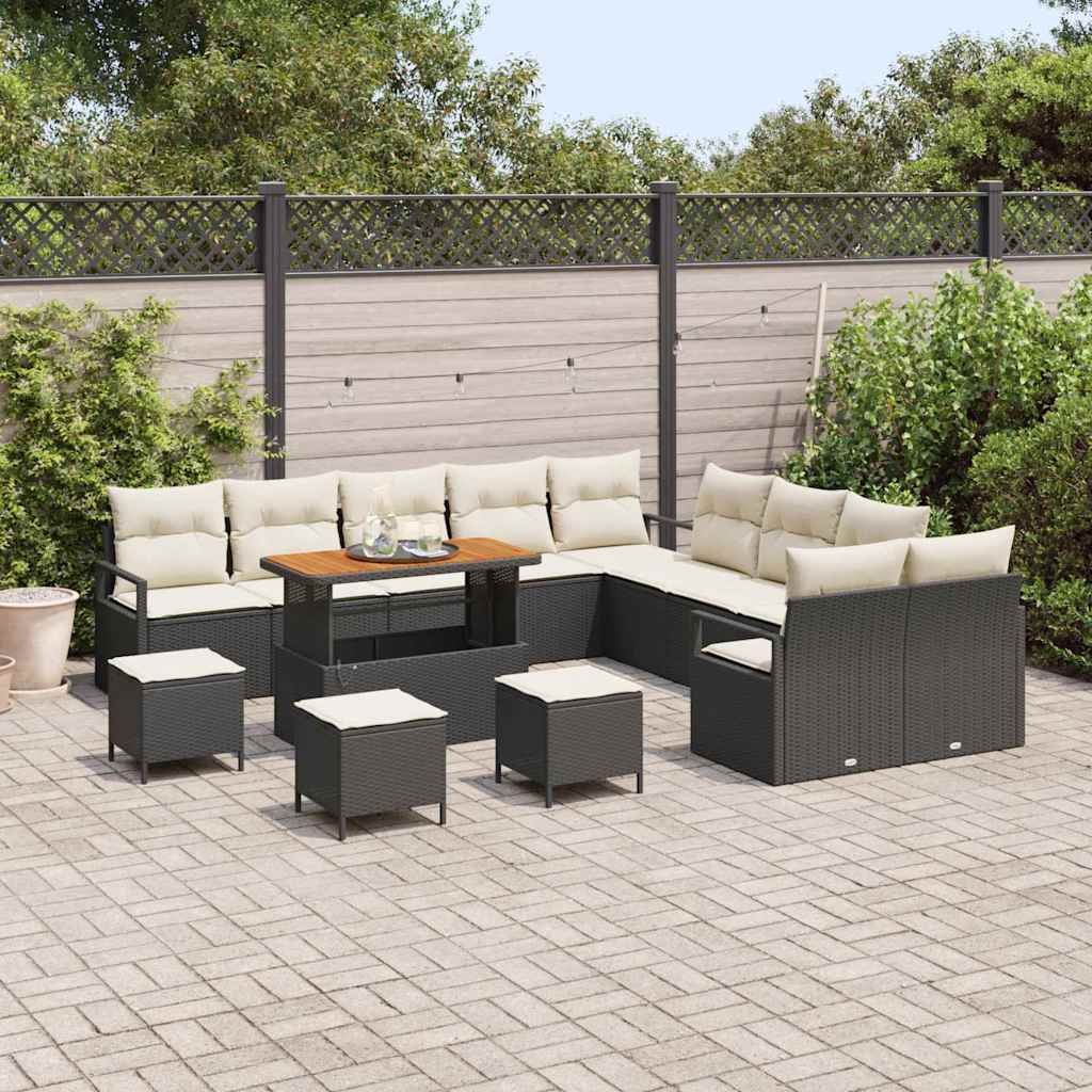 Set Divano da Giardino con cuscino 14 pcs Nero e Crema