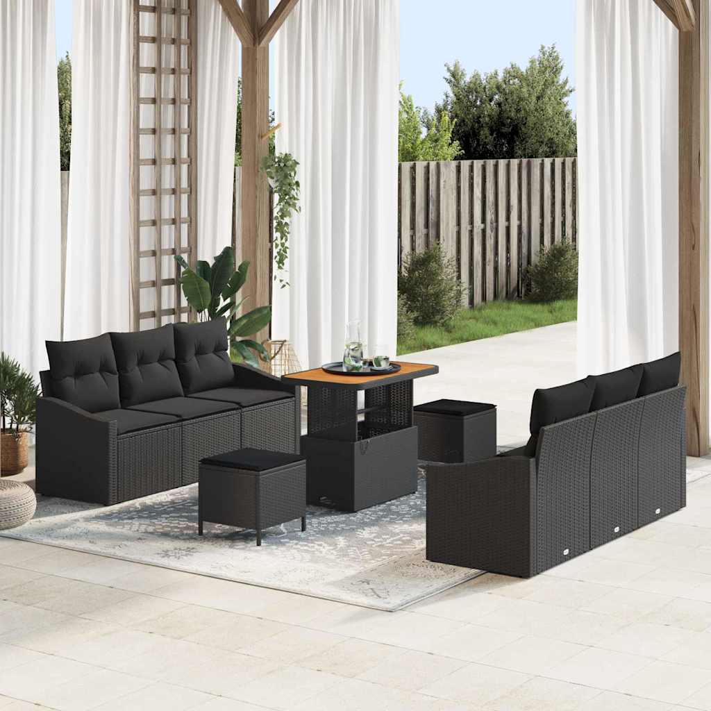 Set Divano da Giardino con cuscino con archiviazione 9 pcs Nero
