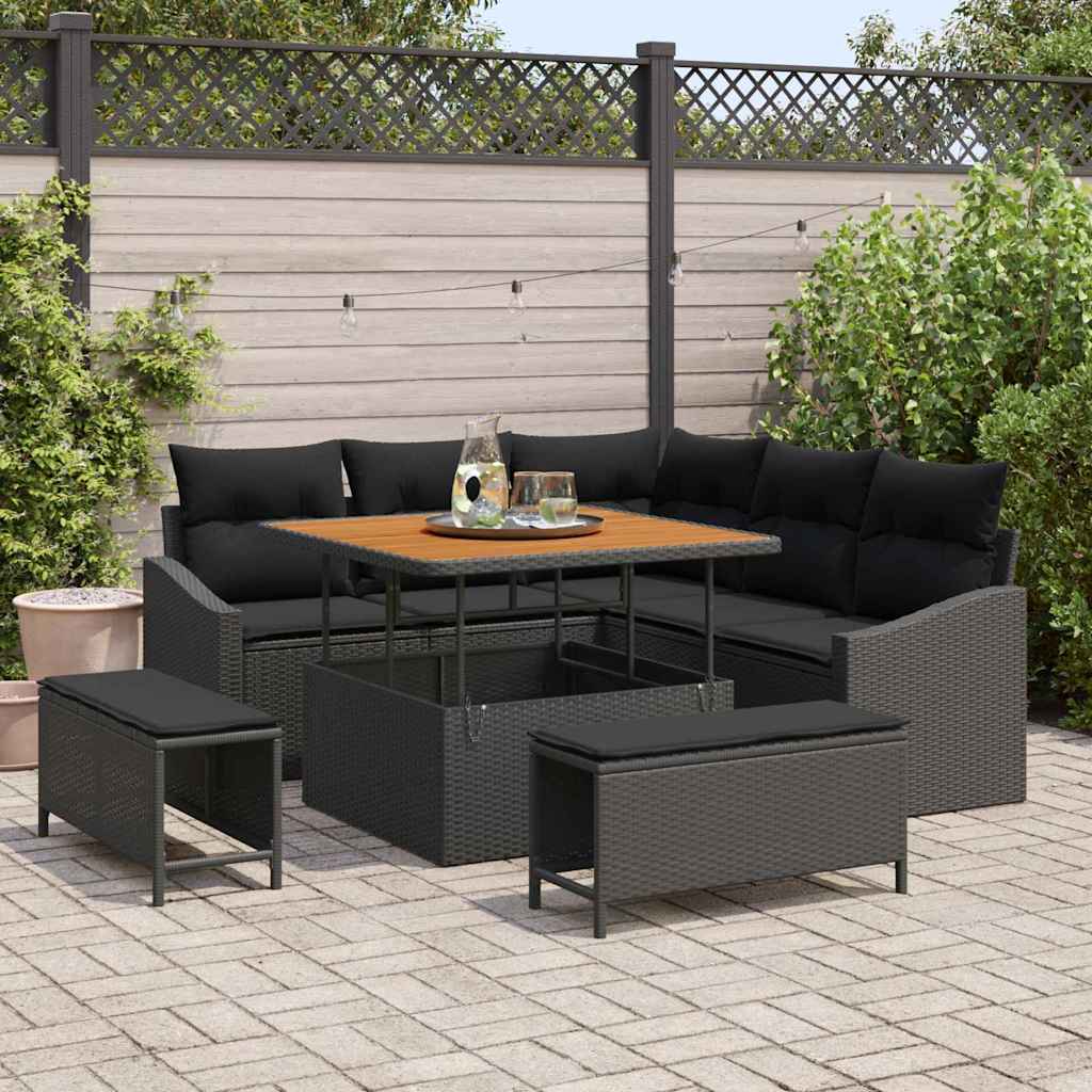 Set Divano da Giardino con cuscino 8 pcs Nero Poly Rattan