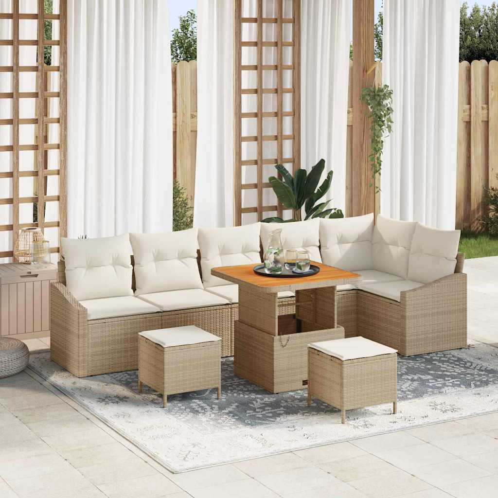 Set Divano da Giardino con cuscino 9 pcs Beige Poly Rattan