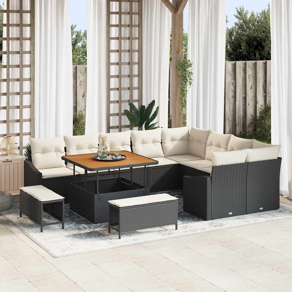 Set Divano da Giardino con cuscino 12 pcs Nero Poly Rattan
